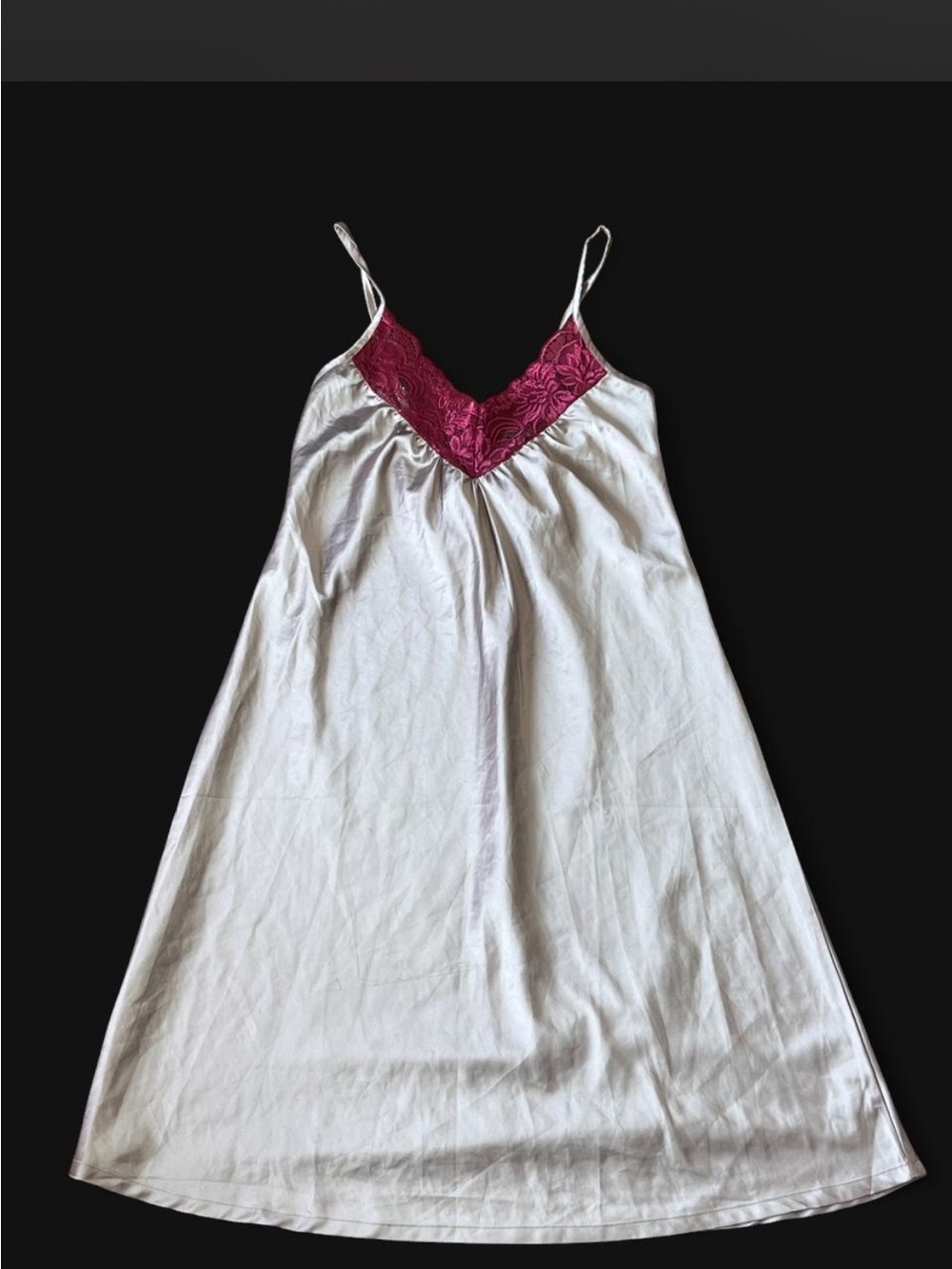 Silky Dusty Silver Pink Chemise with Maroon Red Lace V-Neck